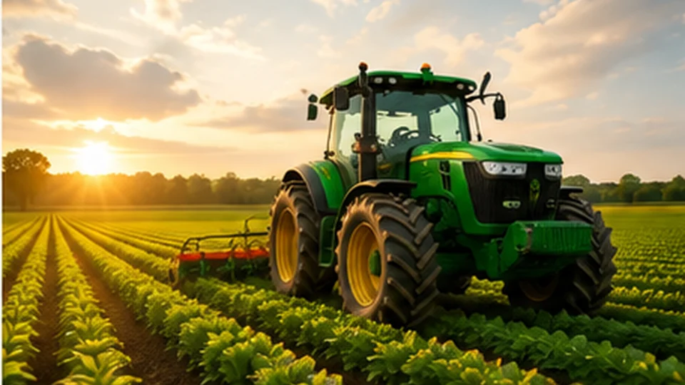 Modern tractor using efficient farm technology in a cultivated field