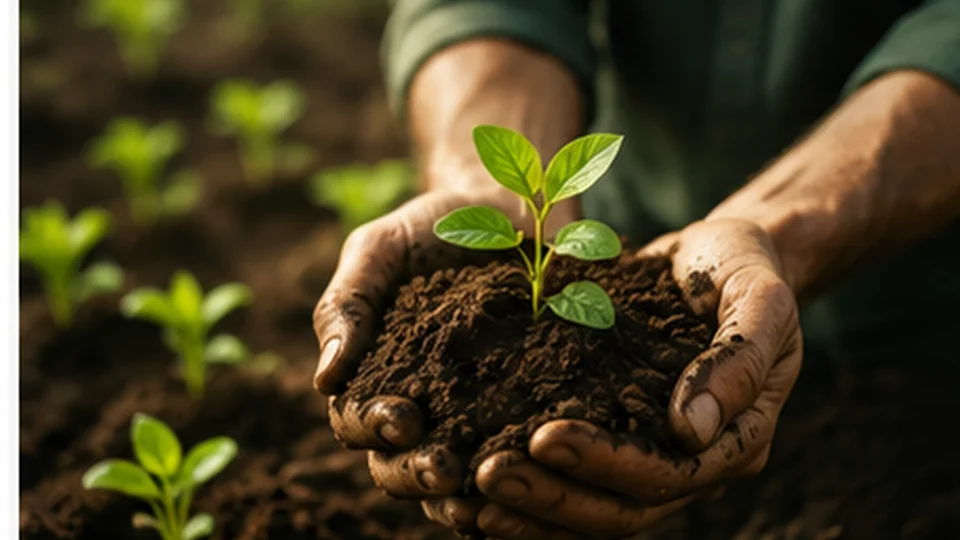 Farmer holding rich healthy soil with a young plant
